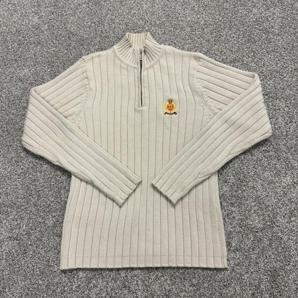 Charter Club Sweater Womens M Beige Ribbed Knit 1/4 Zip Mock Neck Crest Logo